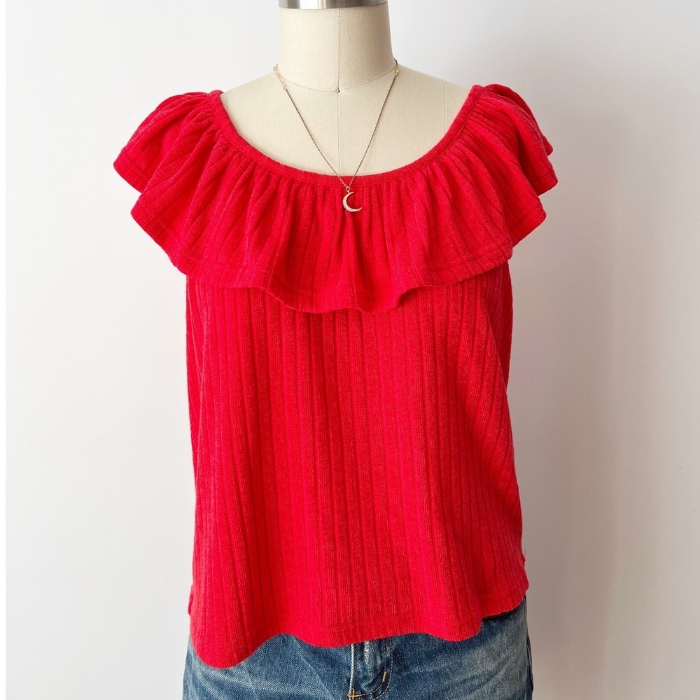 Jack‎ by BB Dakota Ruffle Top Red Ribbed Off Shoulder Knit Blouse Spring